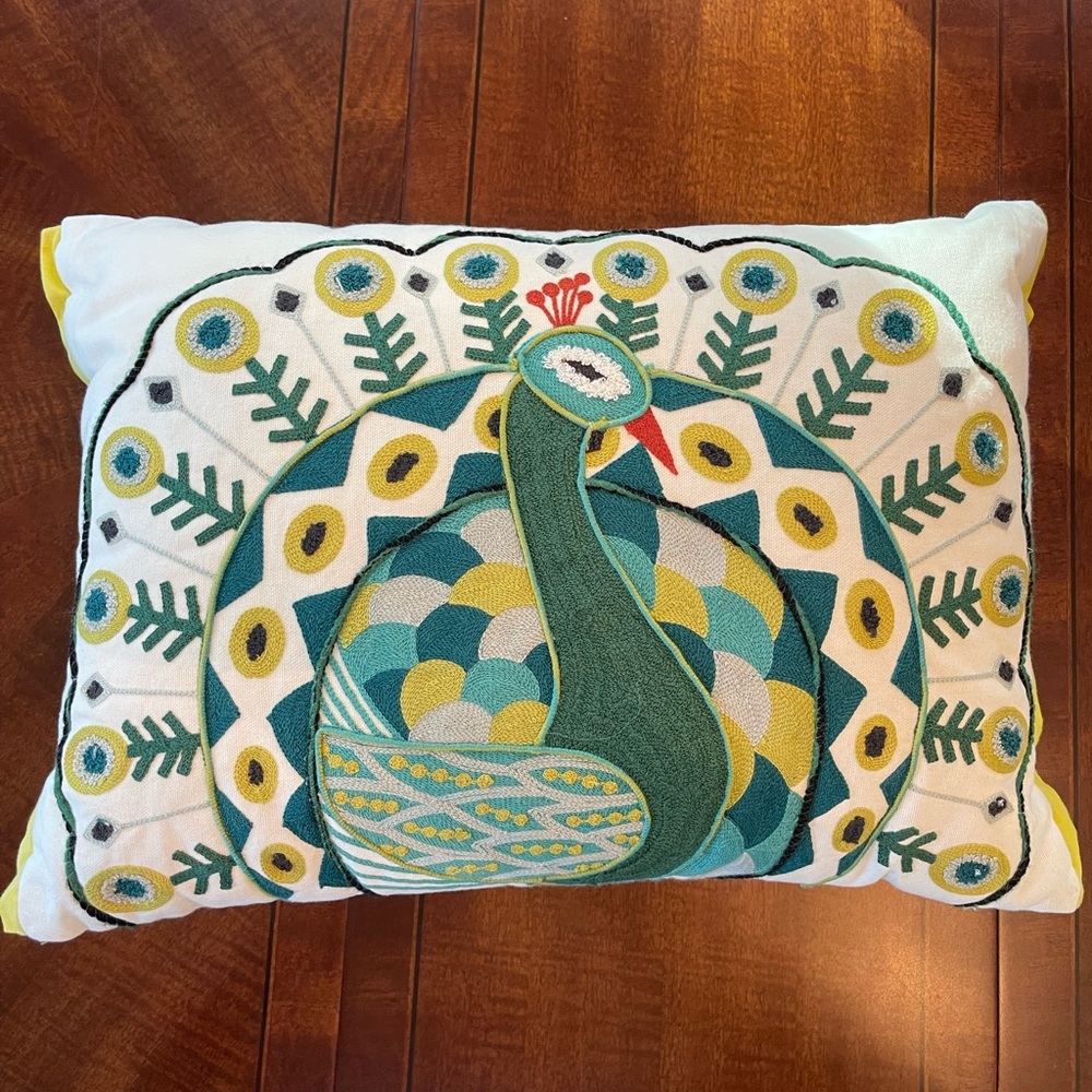 Pier 1 Imports Embroidered Lumbar Throw Pillow 12"x17” Blue Green Peacock